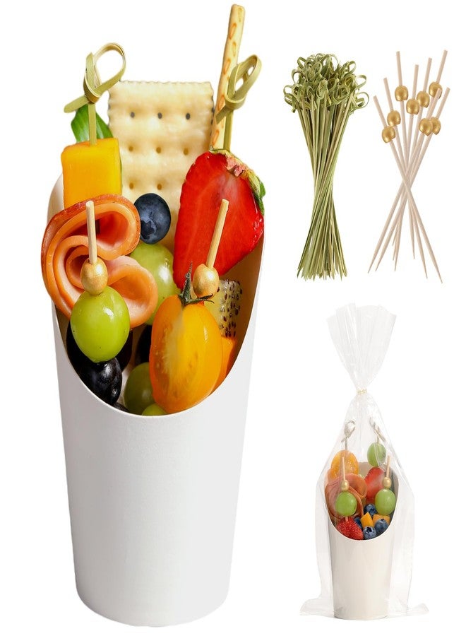 WixiTool 60 Sets Disposable Charcuterie Cups with Sticks and Bags, 14 oz White Kraft Paper Snack Boxes Appetizers Cup French Fry Holder with Cocktail Skewers Toothpicks Tooth Picks(60 Cups+60 Bags+200 Sticks) - Image 1